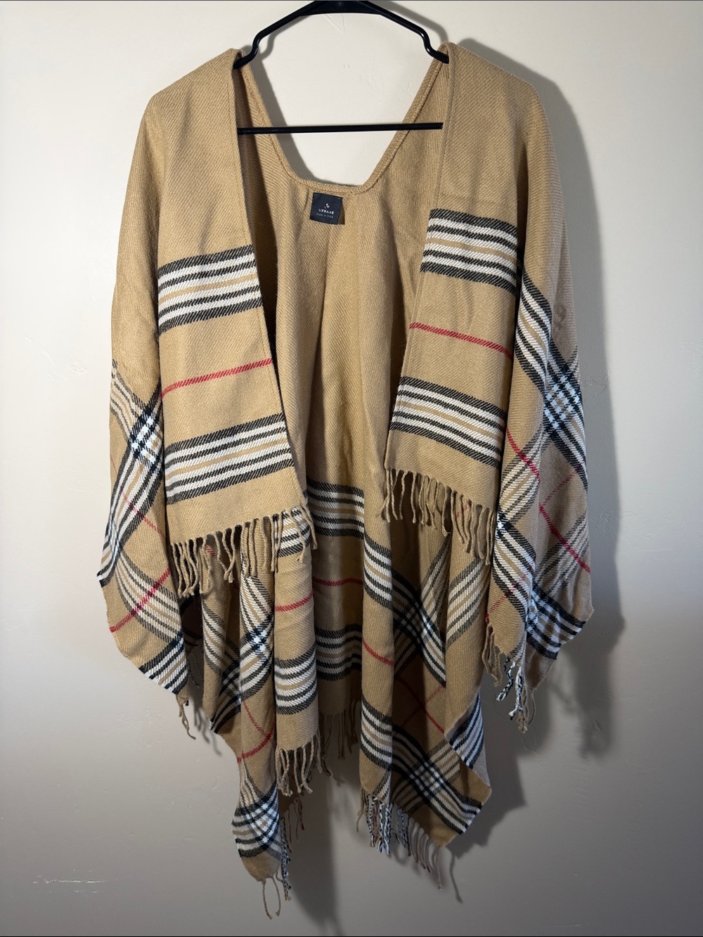 V. FRAAS Beige Plaid Fringe Poncho with Black, White & Red Stripes